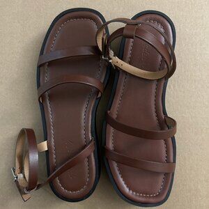 Madewell Brown Leather Double Strap Platform Square Toe Sandals Size 8 NEW